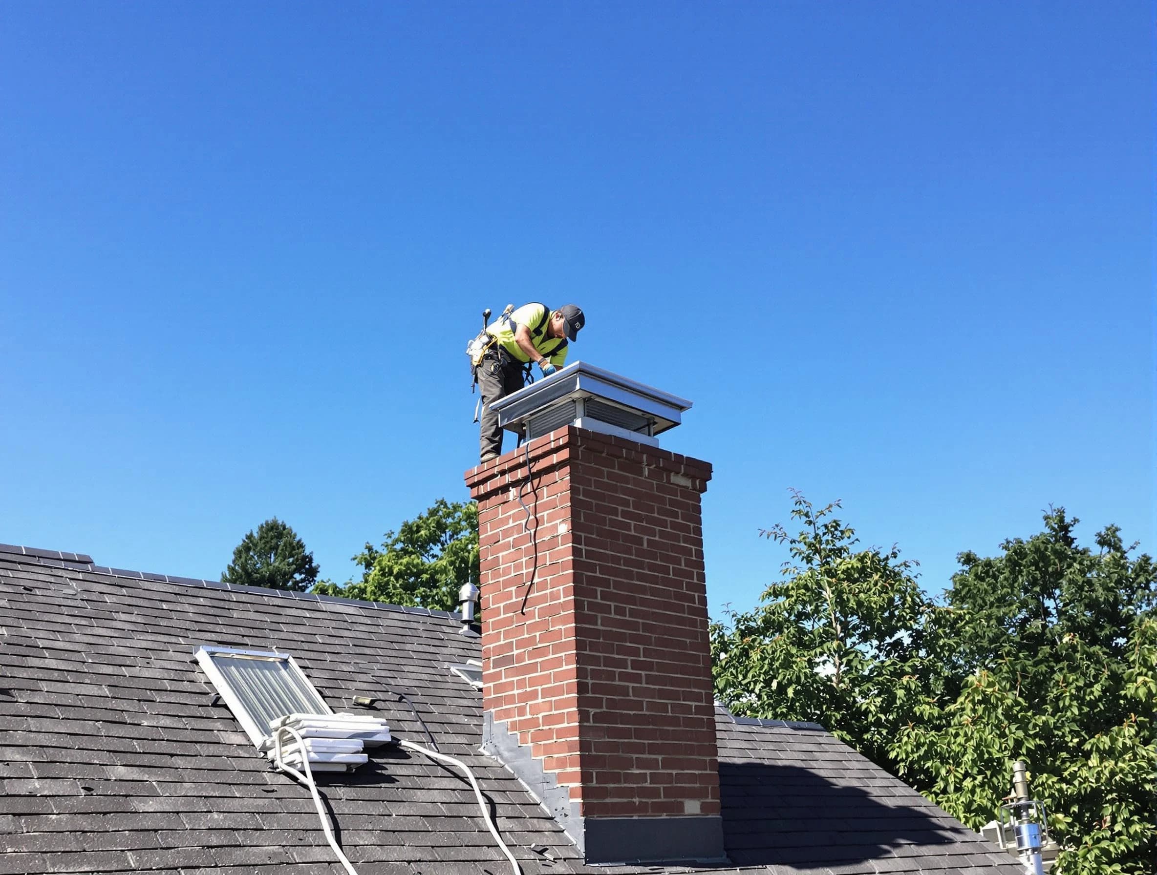 Passaic Chimney Sweep technician measuring a chimney cap in Passaic, NJ
